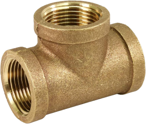 An image of a brass tee fitting used for plumbing.