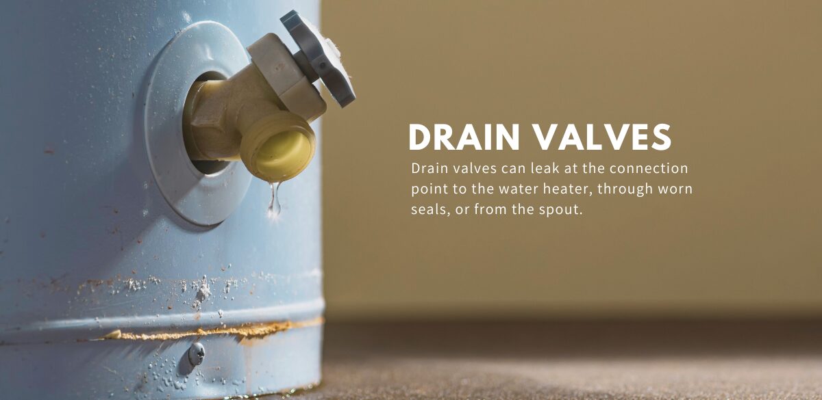 An image showing a drain valve connected to a water heater and an explanation on where these can leak water from.
