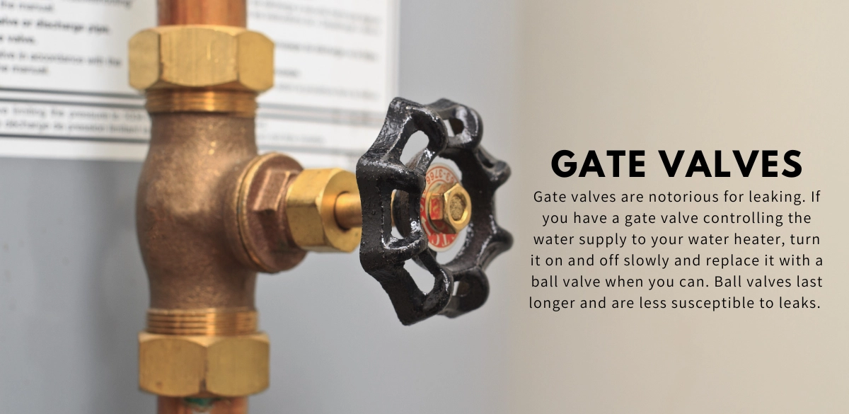 An image showing a gate valve next to a water heater and an explanation on how to turn these on and off.