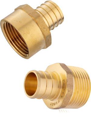 An image showing two PEX adapters. One with male threads and one with female threads.